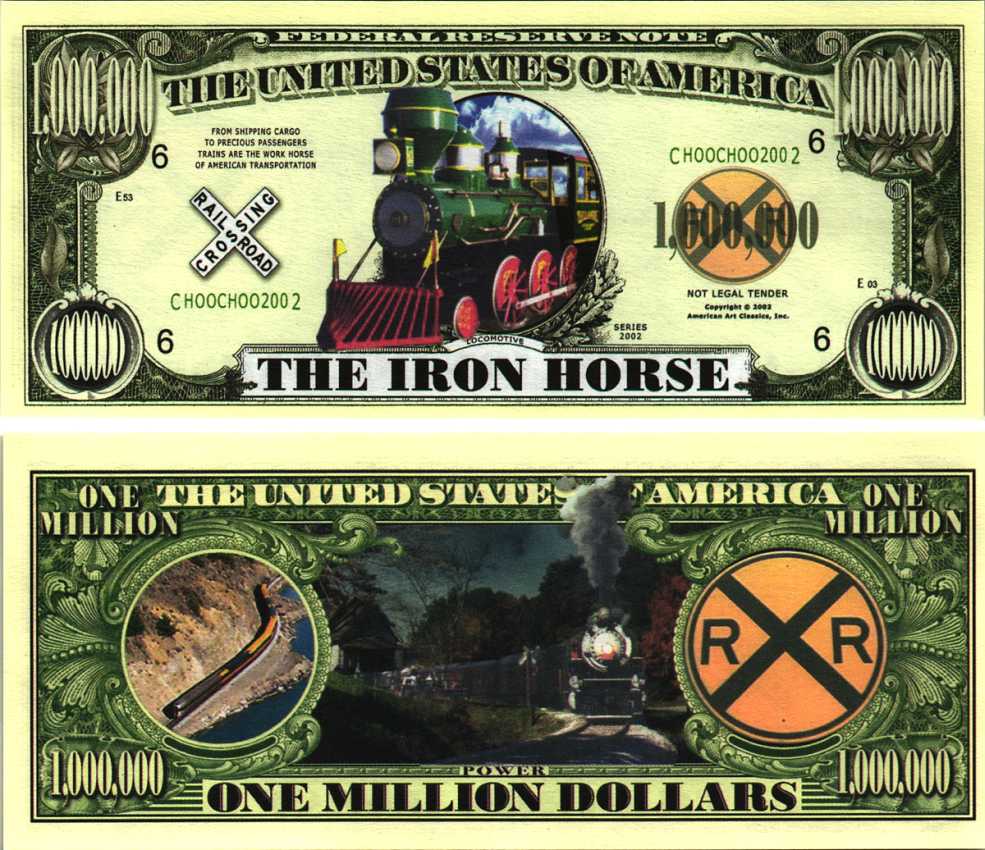 США 1000000 ДОЛЛАРОВ 2002 СУВЕНИРНАЯ БАНКНОТА, ПАРОВОЗ, ЖЕЛЕЗНЫЙ КОНЬ, ЖЕЛЕЗНЫЕ ДОРОГИ АМЕРИКИ, ПАРОВОЗ бумага UNC (ПРЕСС) 7198-41-3-2