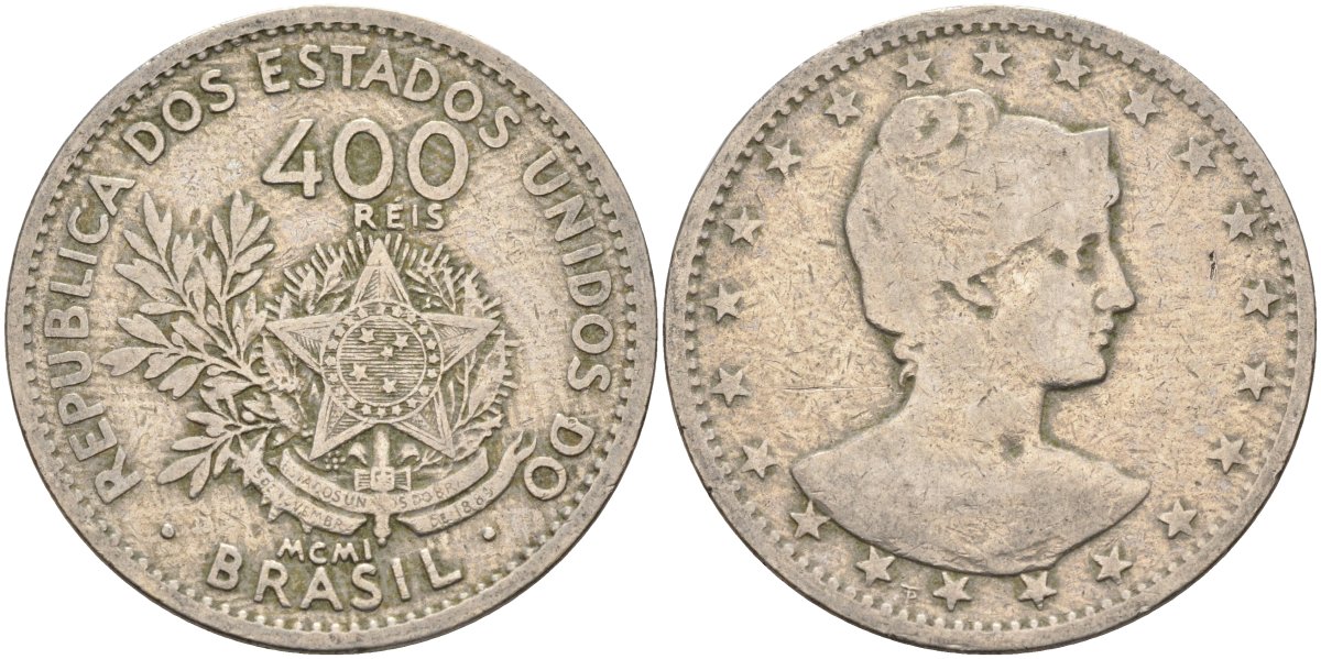 Бразилия 400 рейс 1901 голова свободы вправо KM 505 медно-никель 4367-216