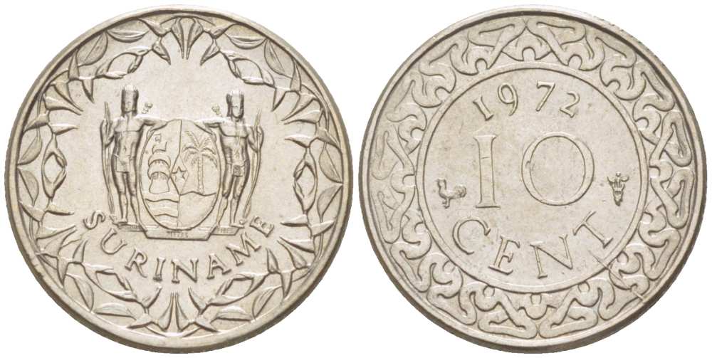 Суринам 10 центов 1972 KM 13 медно-никель aUNC 100-246
