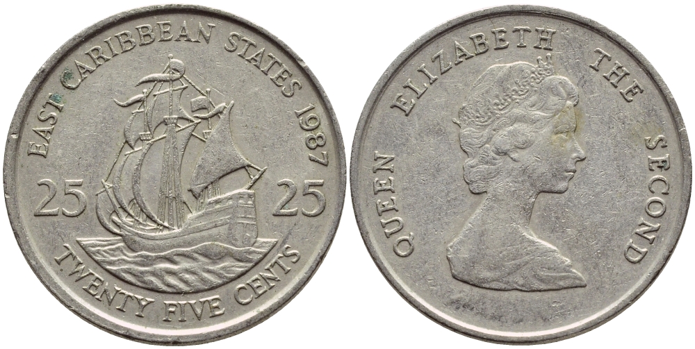 Восточно-Карибские штаты 25 центов 1987 Елизавета II (1952-2022), парусник KM 14 медно-никель 87-836