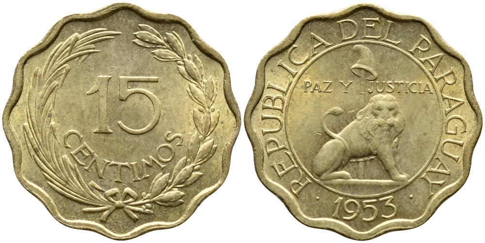 Парагвай 15 сентимо 1953 лев, фригийский колпак на шесте KM 26 алюминиевая бронза UNC 4388-157