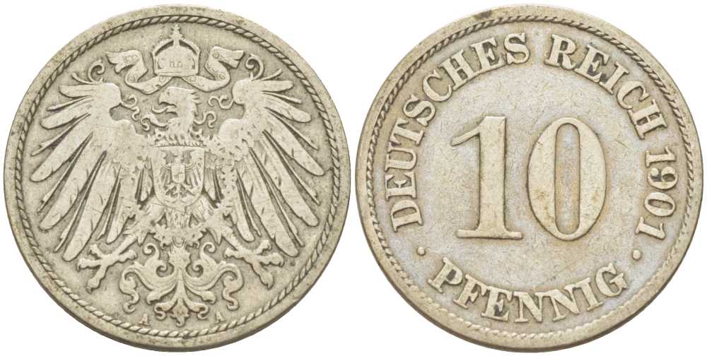 Германия 10 пфеннигов 1901 A KM 12, J. 13, Weege 8 медно-никель 259-821