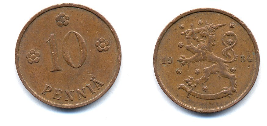 Финляндия 10 пенни 1934 республика (1918-1962) KM 24 медь 51-5431