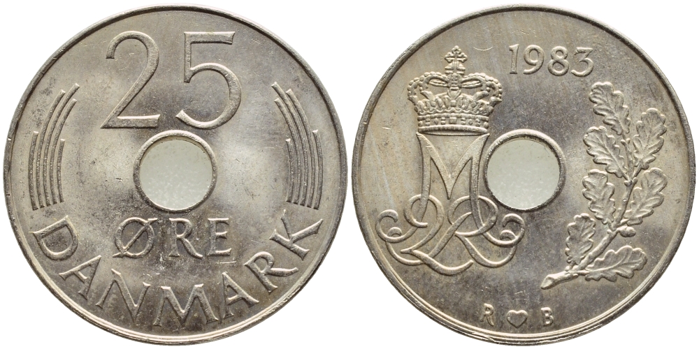 ДАНИЯ 25 ЭРЕ 1983 R; B, МАРГРЕТЕ II (1972-) KM 861.3 медно-никель 4397-223