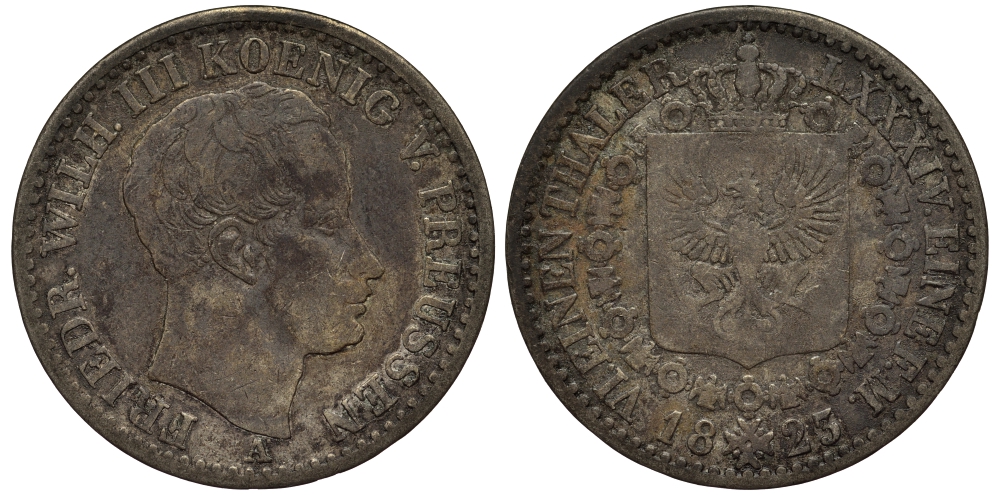 Пруссия 1/6 талера 1823 A, Фридрих Вильгельм III (1797-1840) KM 411 серебро 1519-1423