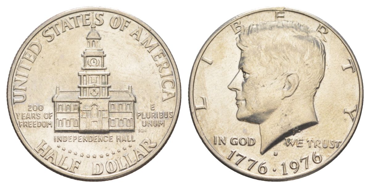 США 1/2 доллара (50 центов) 1976 D, 200 лет независимости, Джон Кеннеди KM 205 медь плакированная медно-никелем aUNC 4545-942