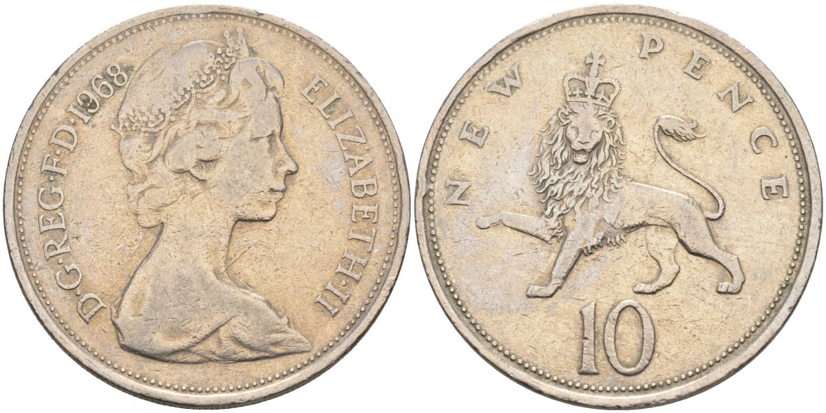 Великобритания 10 пенсов 1968 Елизавета II (1952-2022) KM 912, Spink 4231 (F1) медно-никель 4593-811