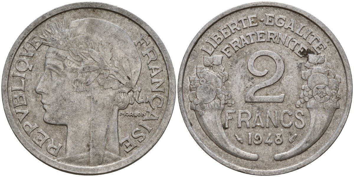 Франция 2 франка 1948 KM 886a алюминий 4187-1017