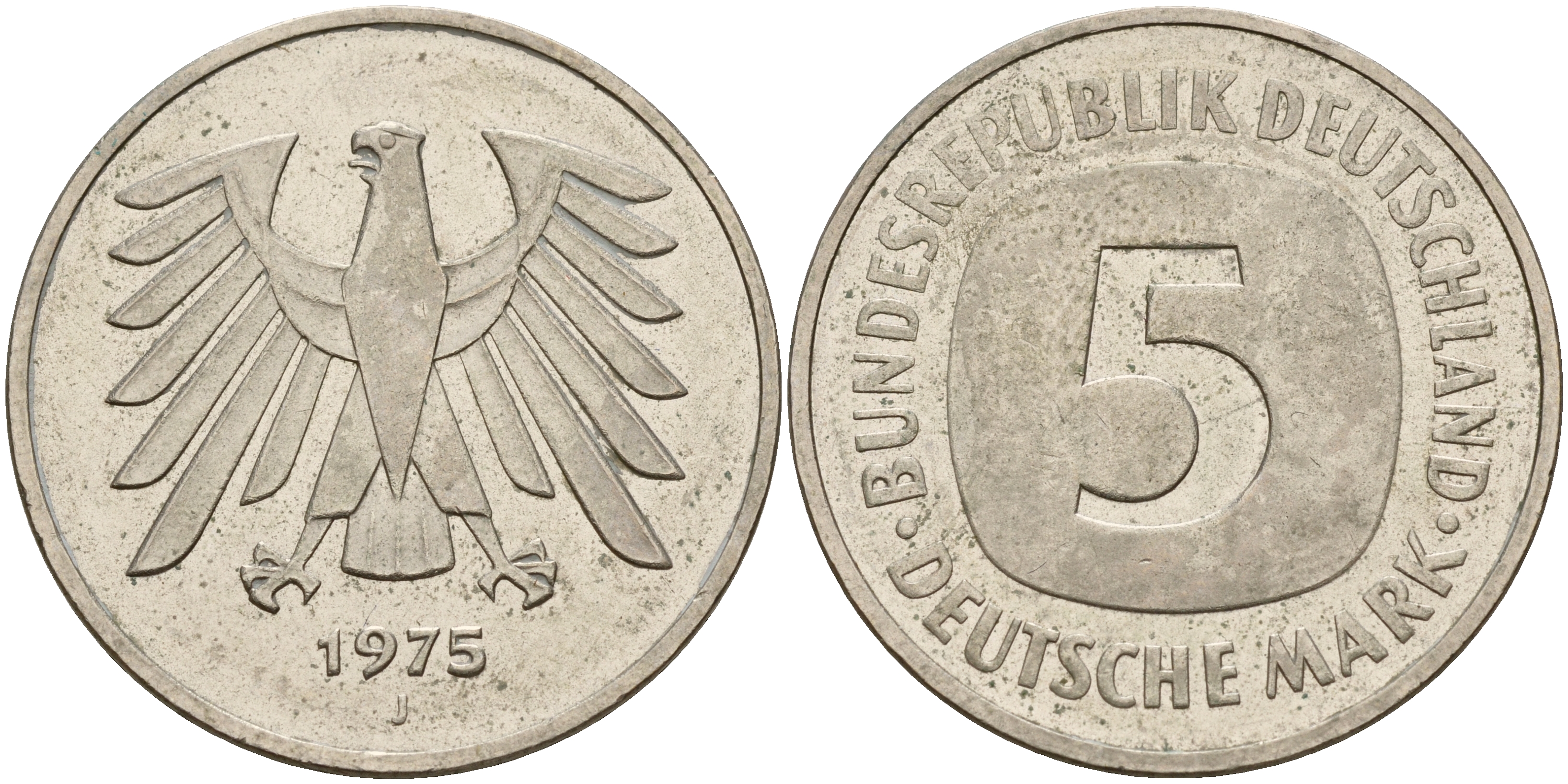 ФРГ 5 марок 1975 J, монетный двор Гамбург КМ 140.1, J. 415 медно-никель плакированный никелем 4599-435