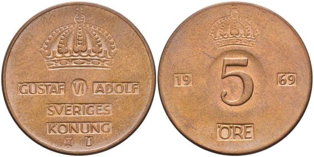 Швеция 5 эре 1969 U, Густав VI Адольф (1950-1973), в лаке KM 822 бронза 4557-832