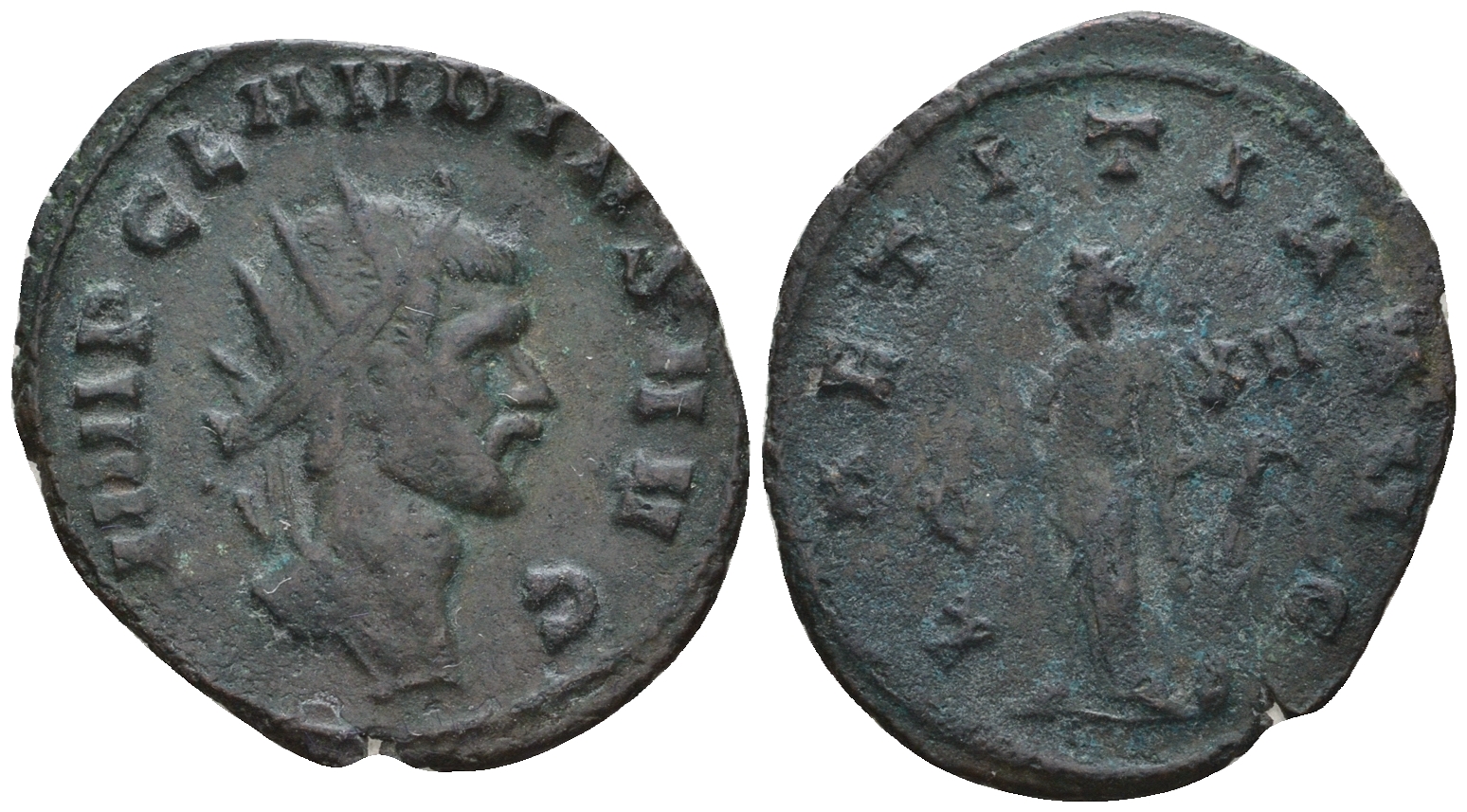 Римская Империя антониниан 270 Клавдий II Готский, IMP CLAVDIVS AVG, бюст императора / LAETITIA AVG, Летиция, персонификация Веселья, Рим RIC 56 биллон 1073-25-24