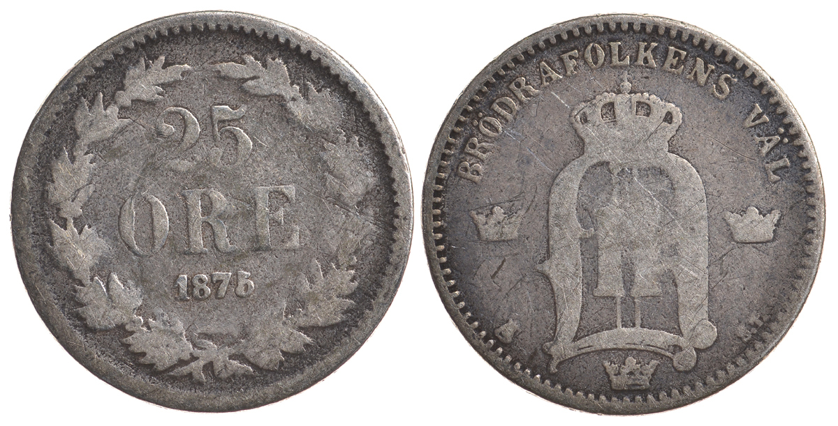 Швеция 25 эре 1875 ST, Оскар II (1872-1907) король Швеции и Норвегии KM 738 серебро 4179-814