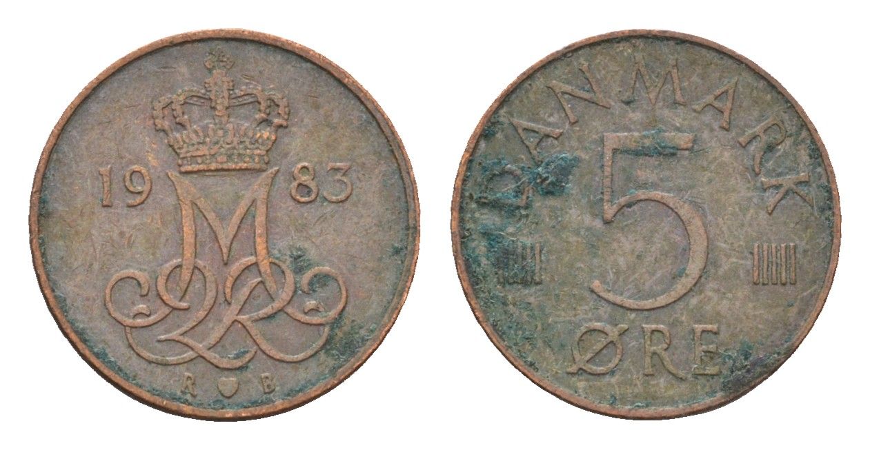 Дания 5 эре 1983 R; B, Маргрете II (1972-2024) KM 859 железо плакированная медью 4701-923