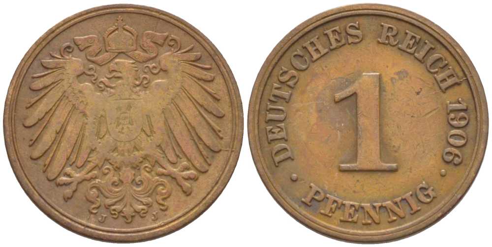 ГЕРМАНИЯ 1 ПФЕННИГ 1906 J KM 10, J. 10, Weege 2 медь 211-347