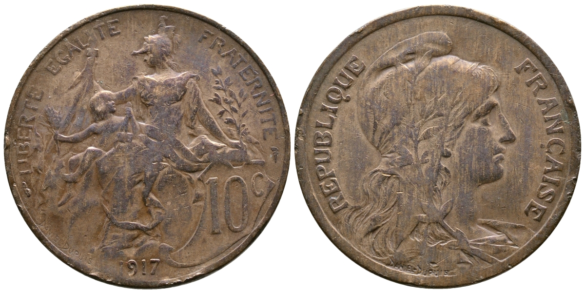 Франция 10 сантимов 1917 тип Даниэль Дюпюи KM 843, LA FRANC 136.29 бронза 08-1226