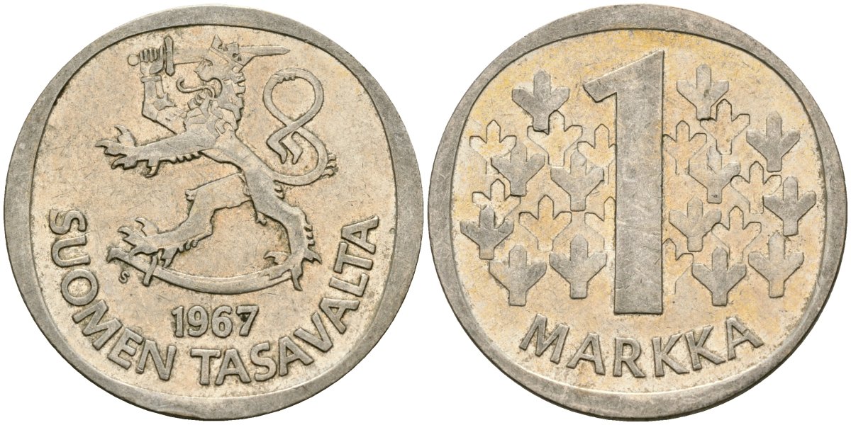 Финляндия 1 марка 1967 S KM 49 серебро 4582-1247