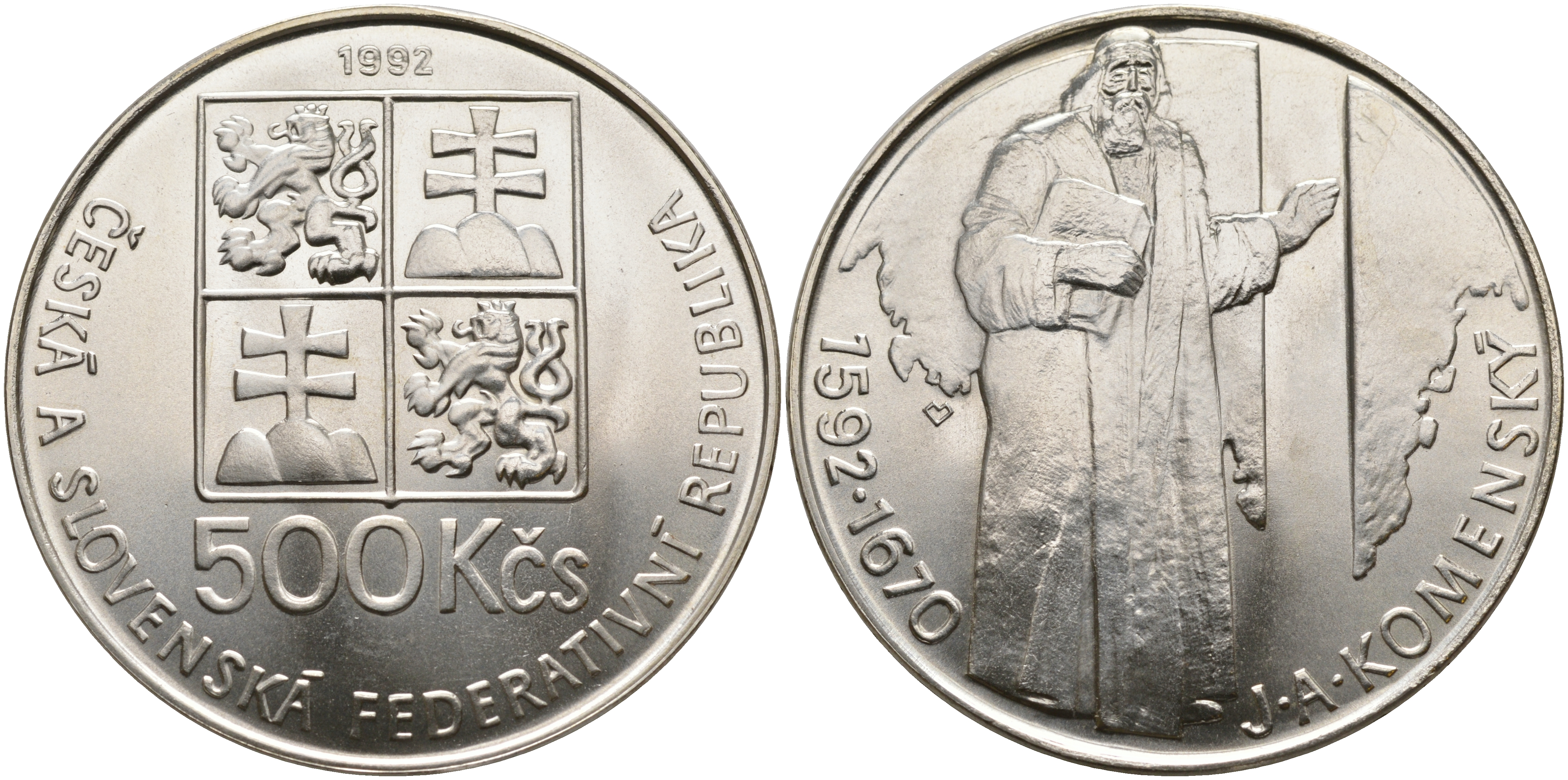 ЧЕШСКАЯ И СЛОВАЦКАЯ ФЕДЕРАТИВНАЯ РЕСПУБЛИКА 500 КРОН 1992 400 ЛЕТ КОМЕНСКИ KM 158 серебро UNC 00-00