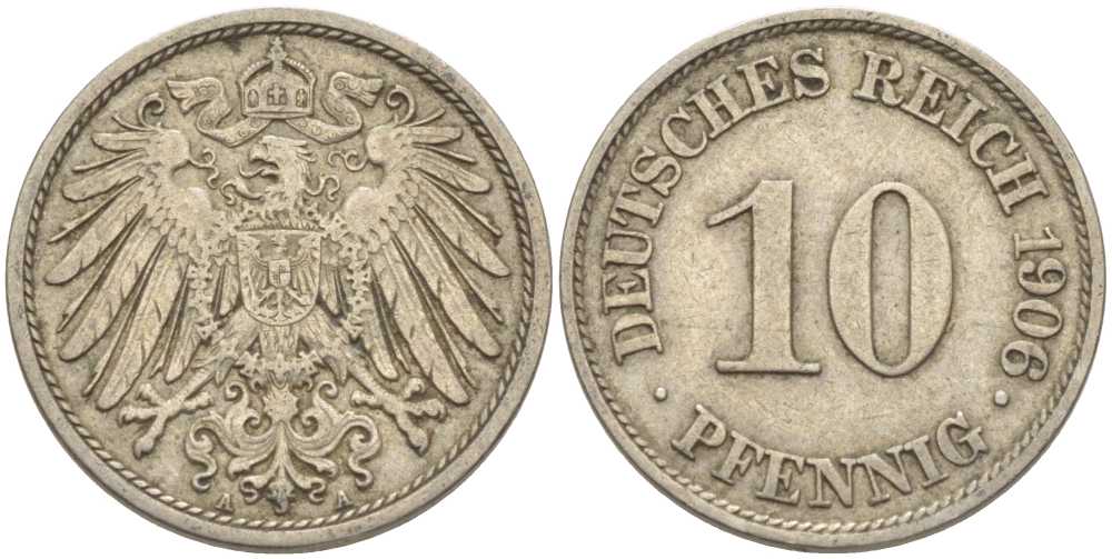 ГЕРМАНИЯ 10 ПФЕННИГОВ 1906 А KM 12, J. 13 медно-никель 210-645