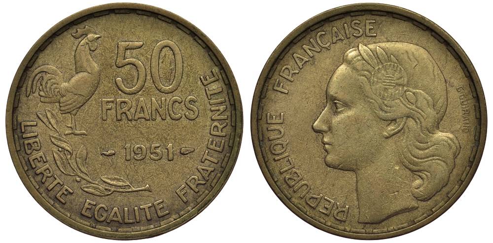 ФРАНЦИЯ 50 ФРАНКОВ 1951 ПЕТУХ KM 918.1, LE FRANC 425.5 алюминиевая бронза 27-837