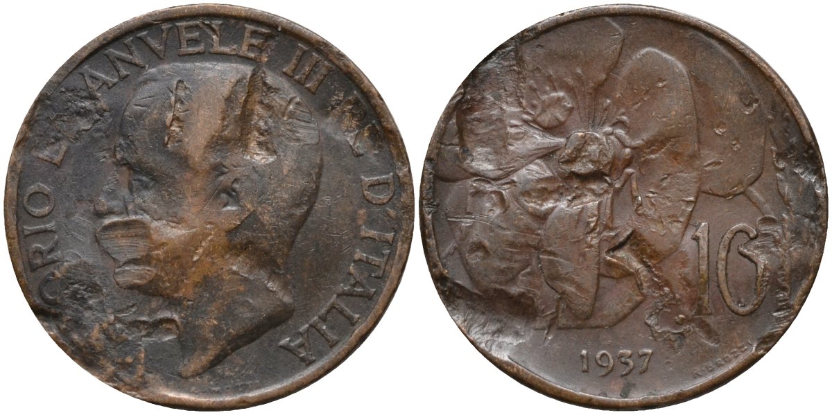 Италия 10 чентезимо 1937 R, пчела, Виктор Эммануил III (1900-1946) KM 60 бронза 4171-851