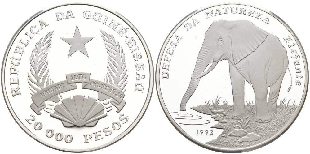 Гвинея-Бисау 20000 песо 1993 Африканский слон KM 33 серебро PROOF 00-00-00