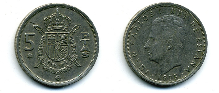 ИСПАНИЯ 5 ПЕСЕТ 1975 ХУАН КАРЛОС I KM 807 медно-никель 56-1057