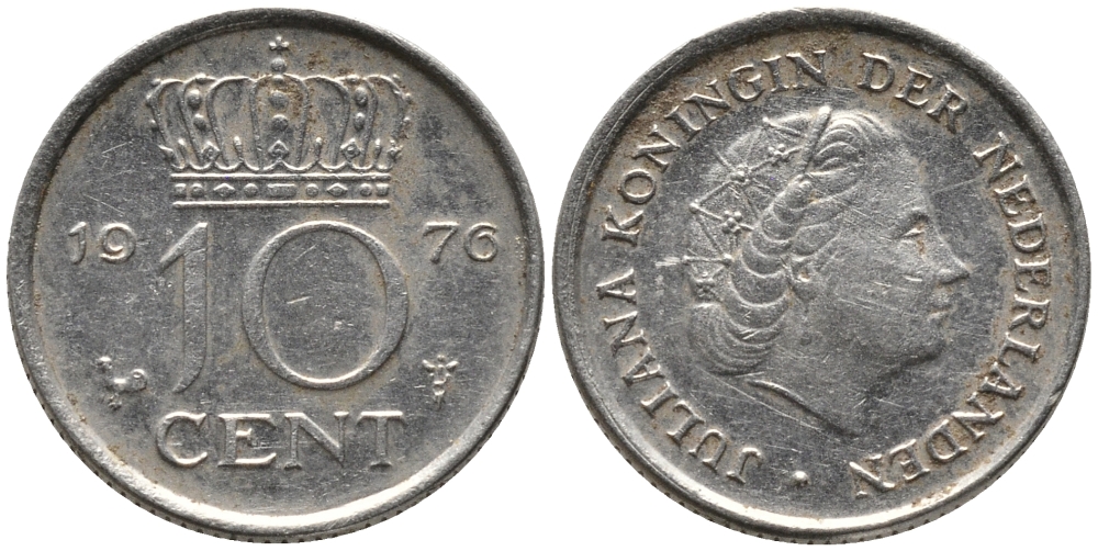 Нидерланды 10 центов 1976 Юлиана (1948-1980) КМ 182 никель 220-1268