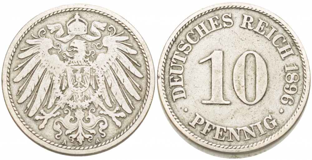 ГЕРМАНИЯ 10 ПФЕННИГОВ 1896 A KM 12, J. 13, Weege 8 медно-никель 212-827