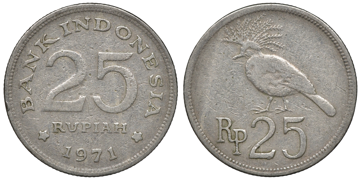 Индонезия 25 рупий 1971 год тип, венценосный голубь KM 34 медно-никель 4118-216