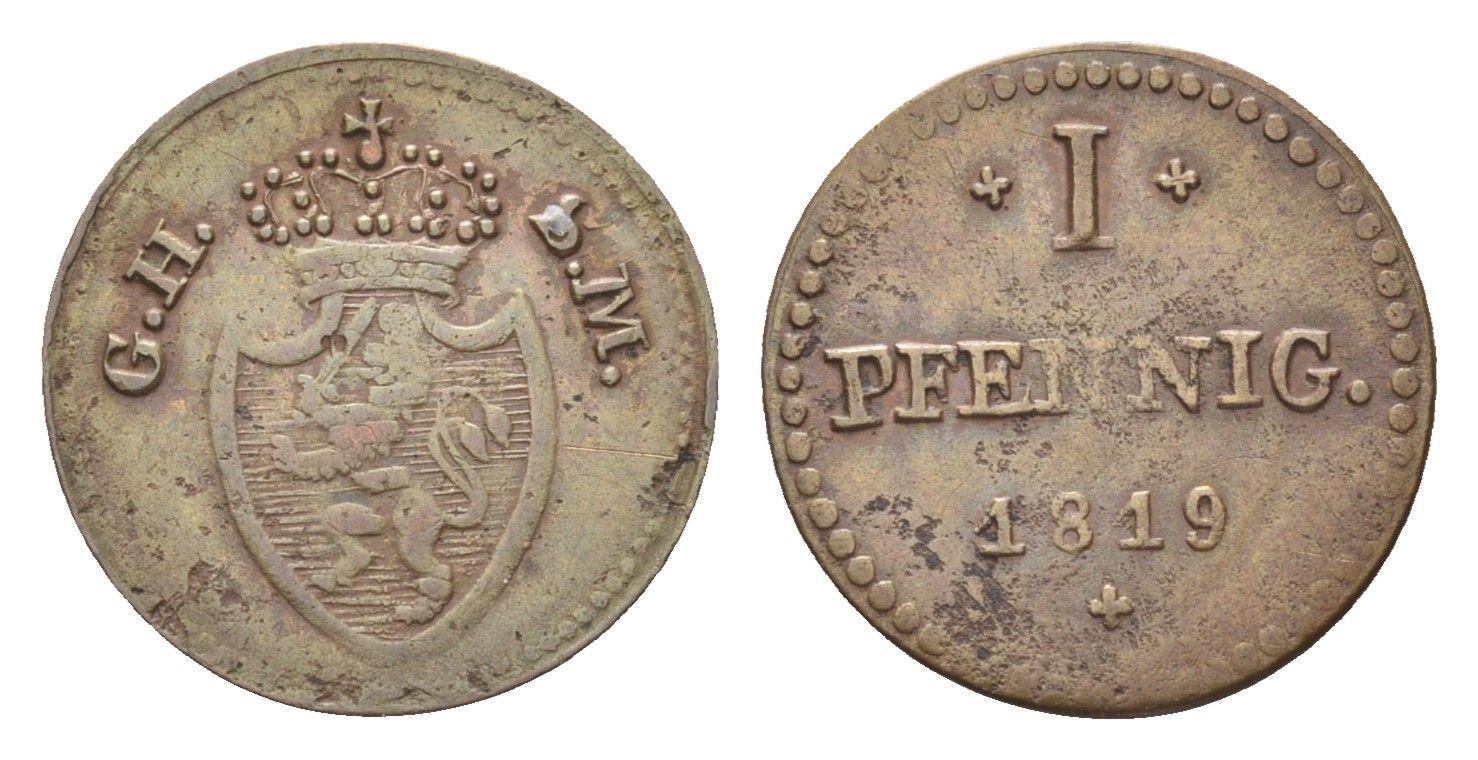 Гессен-Дармштадт 1 пфенниг 1819 Людвиг I (1790-1830) KM 280, AKS 95 медь 4658-957