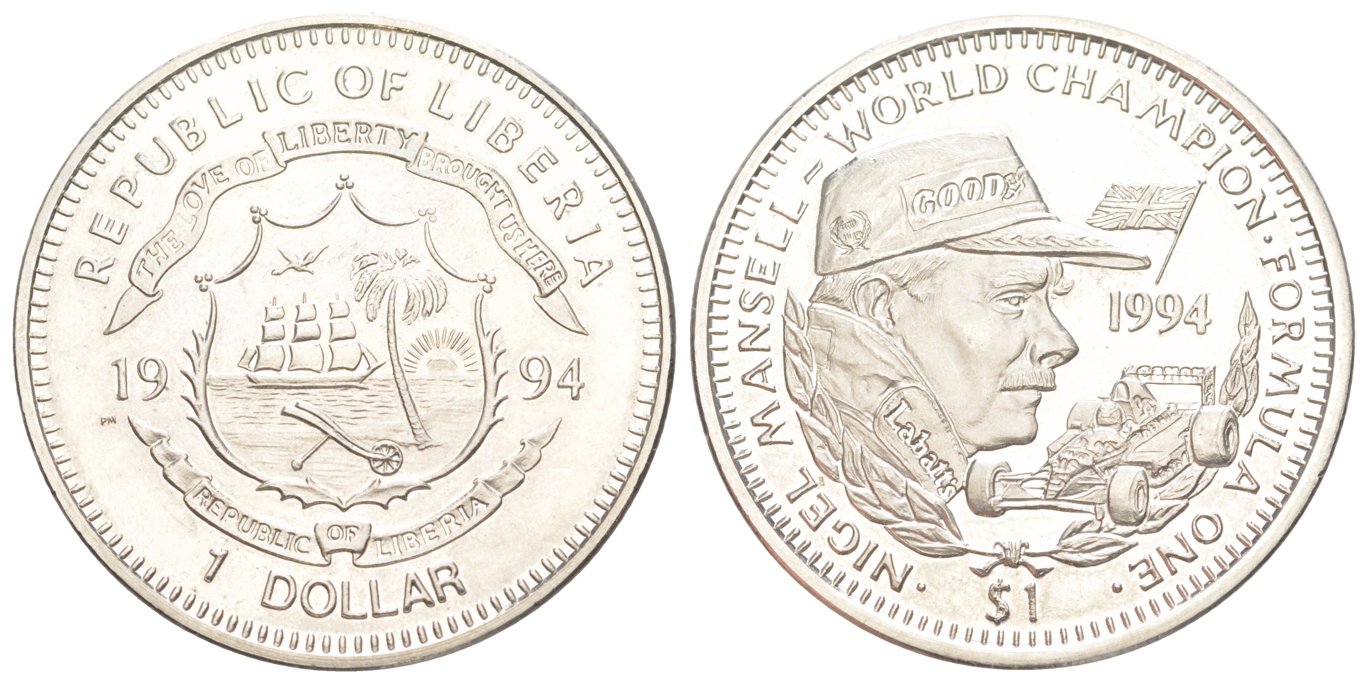 Либерия 1 доллар 1994 FM, Формула 1 - Найджел Мэнселл UC 101 медно-никель BU 4044-133