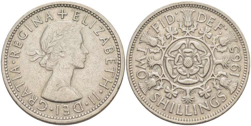 Великобритания 2 шиллинга (флорин) 1965 Елизавета II (1952-2022) KM 906, Spink 4146 медно-никель 4183-1233