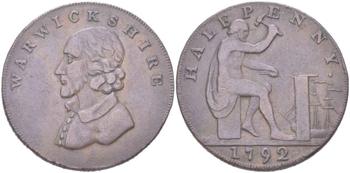 Великобритания, Уорикшир 1/2 пенни 1792 гурт надпись D&H 49 медь 1529-1212