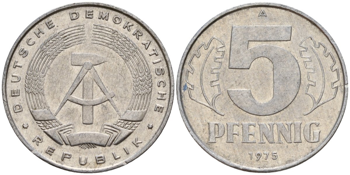 ГДР 5 пфеннигов 1975 A KM 9.1 алюминий 218-1122