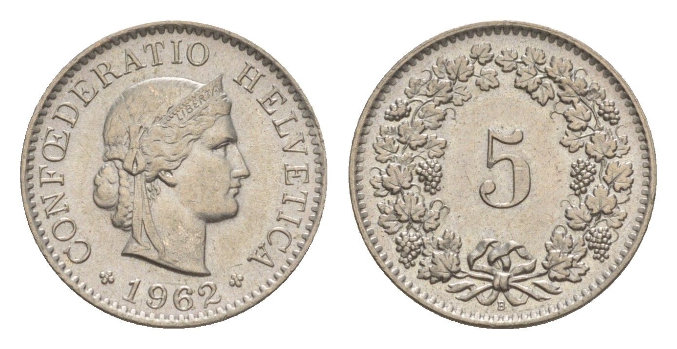 Швейцария 5 раппенов 1962 B KM 26 медно-никель 4611-768