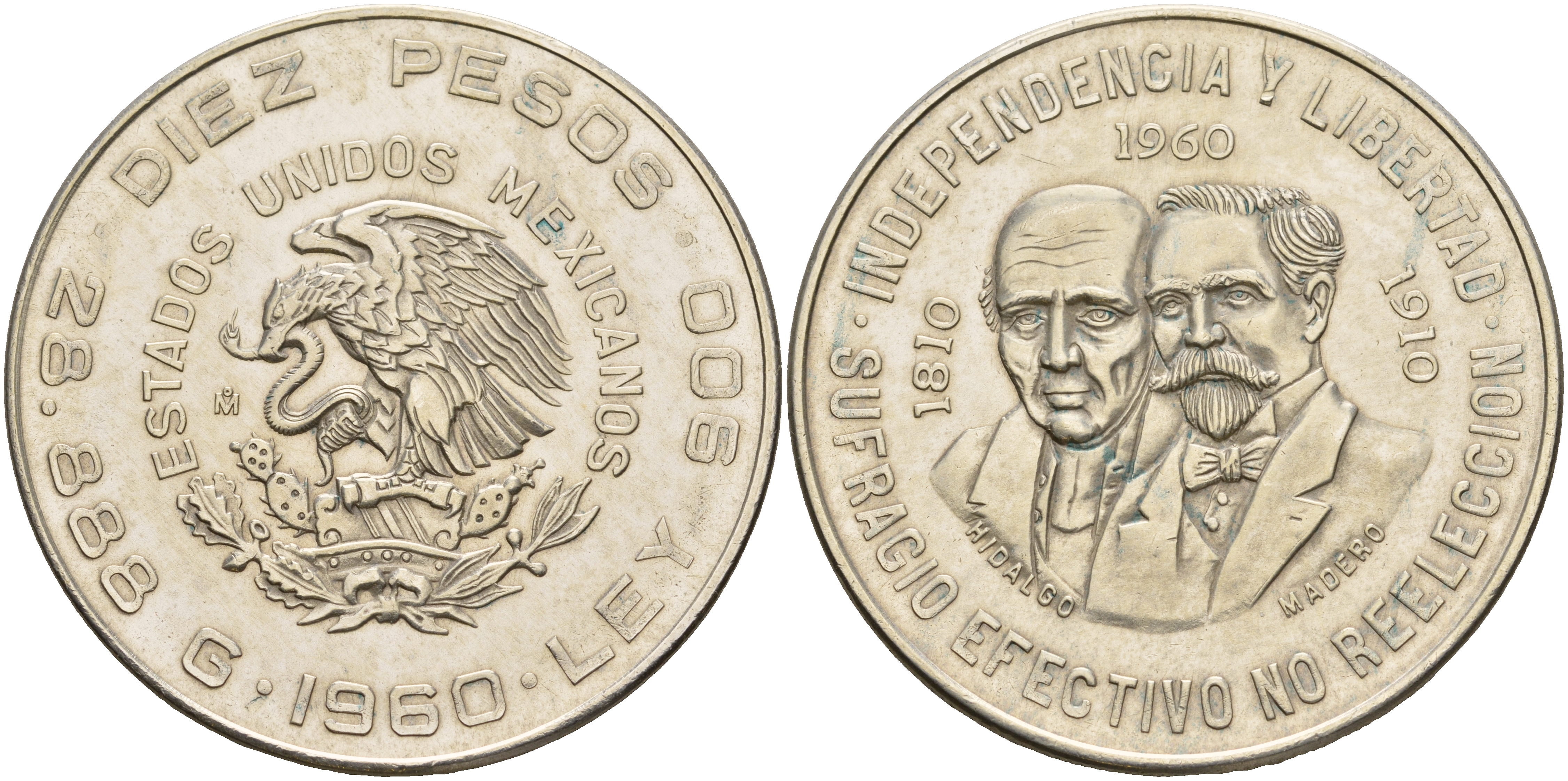 Мексика 10 песо 1960 Мо, 150 лет войне за независимость Мексики, Идальго и Марелос KM 476 серебро UNC 3831-423