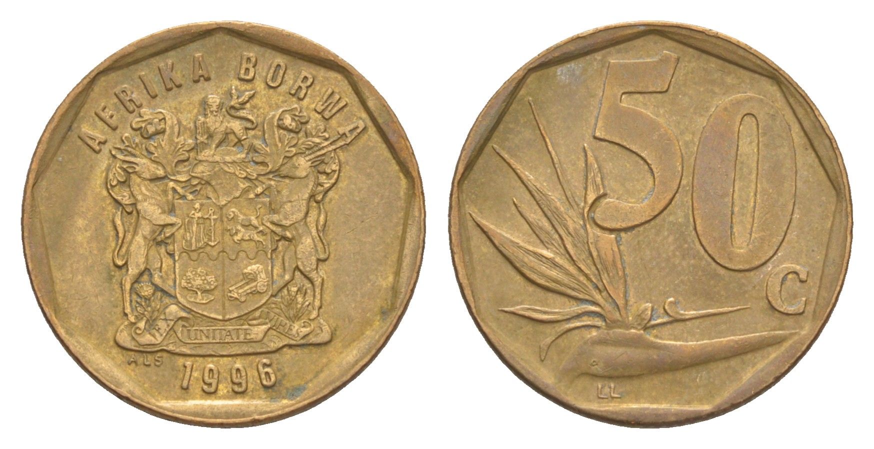 ЮАР 50 центов 1996 Зантедеския Эллиота (калла), герб KM 163 сталь плакированная бронзой 4618-629