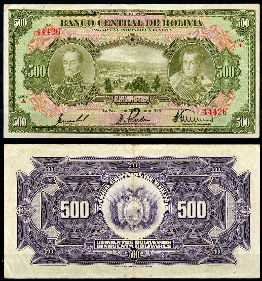 Боливия 500 боливиано 1928 серия A, Симон Боливар и Антонио Хосе Сукре Pick 126 b (2)  бумага   451-633-1