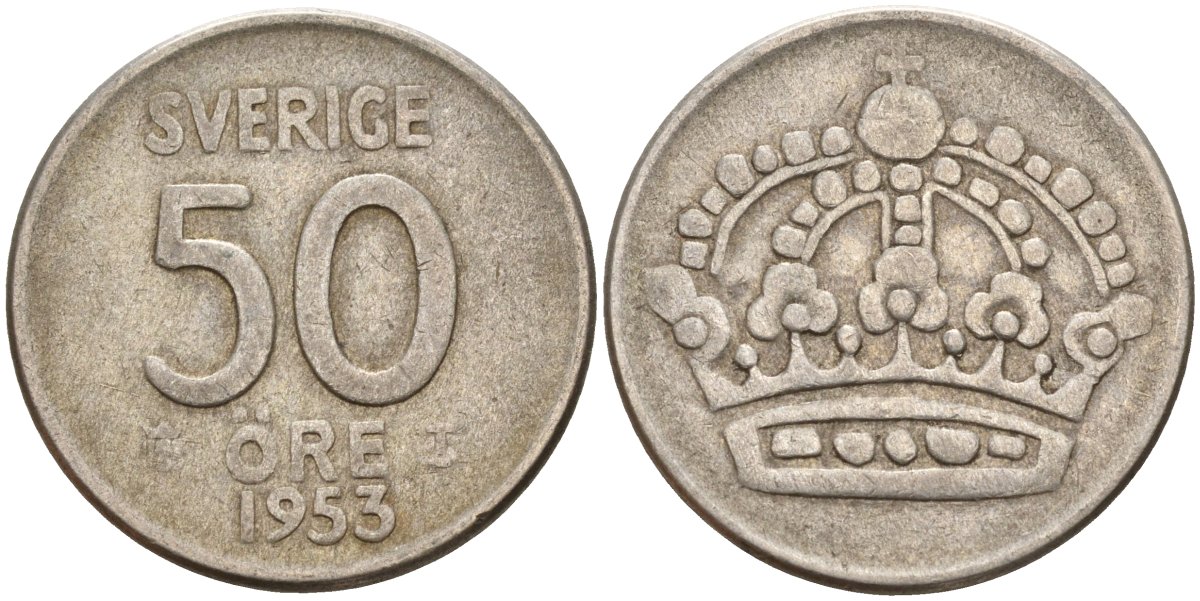 Швеция 50 эре 1953 TS, Густав VI Адольф (1950-1973) KM 825 серебро 4148-922