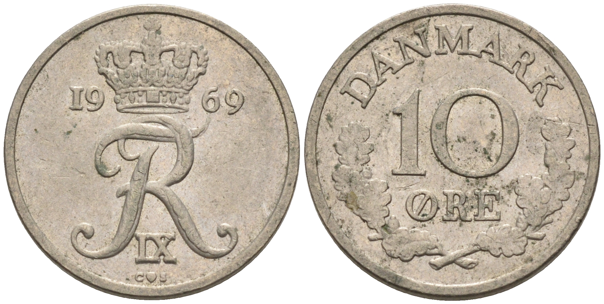 Дания 10 эре 1969 C,S, Фредерик IX (1947-1972) KM 849.1 медно-никель 4564-1227