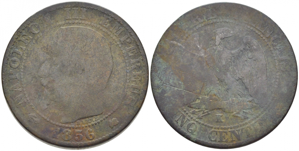 ФРАНЦИЯ 5 САНТИМОВ 1856 K, НАПОЛЕОН III (1852-1870) KM 777.5, LA FRANC 116.34 бронза 4448-117