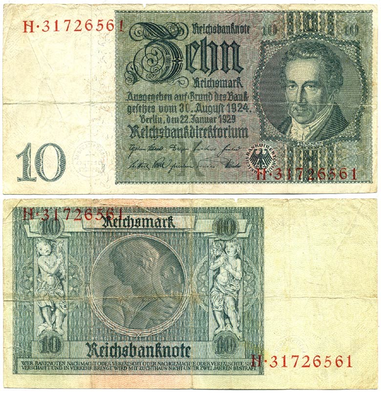 Германия 10 рейхсмарок 1929 Альбрехт Д. Тэер, буква K, серия H Pick 180a, Ros. 173е  бумага 6289-41-4-1