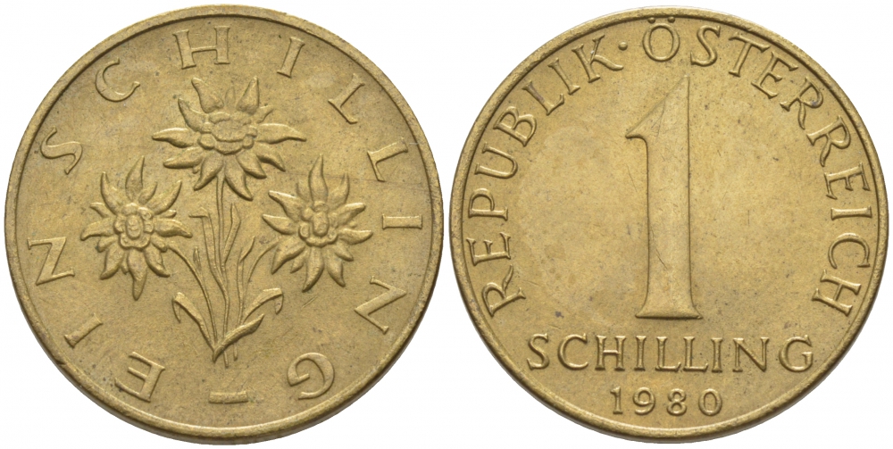Австрия 1 шиллинг 1980 KM 2886 алюминиевая бронза 4448-523