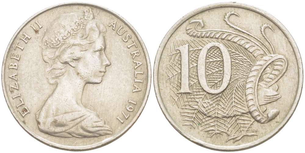 Австралия 10 центов 1971 Елизавета II (1952-), птица лирахвост KM 65 медно-никель 4519-413