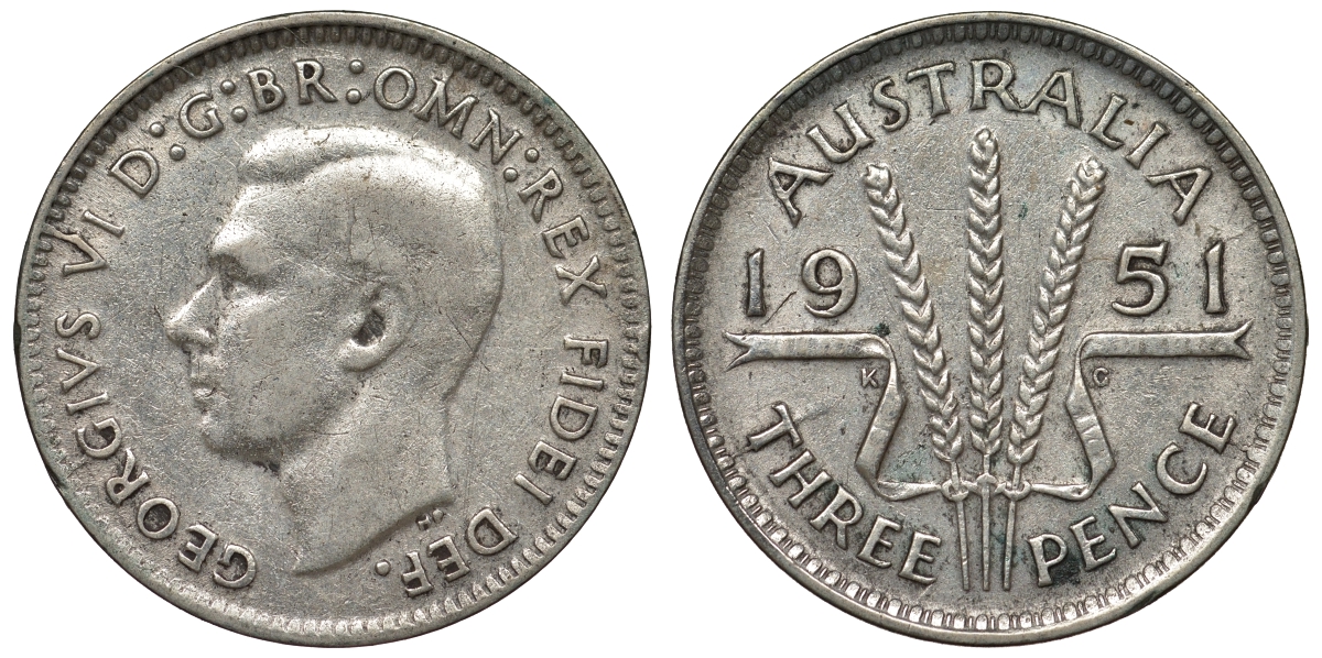 Австралия 3 пенса 1951 m, Георг VI (1937-1952), без букв KM 44 серебро 71-351