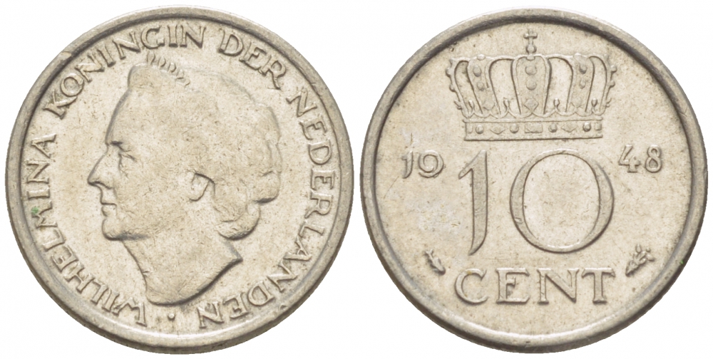 Нидерланды 10 центов 1948 Вильгельмина (1895-1948) KM 177 никель 214-745