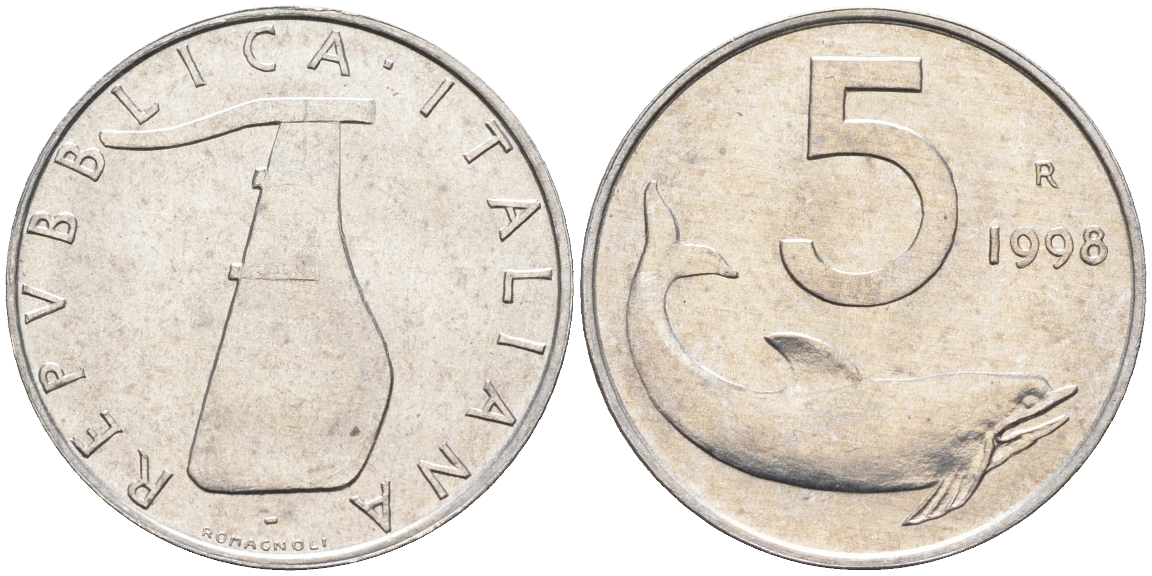 Италия 5 лир 1998 R, дельфин KM 92 алюминий  UNC  4594-1023