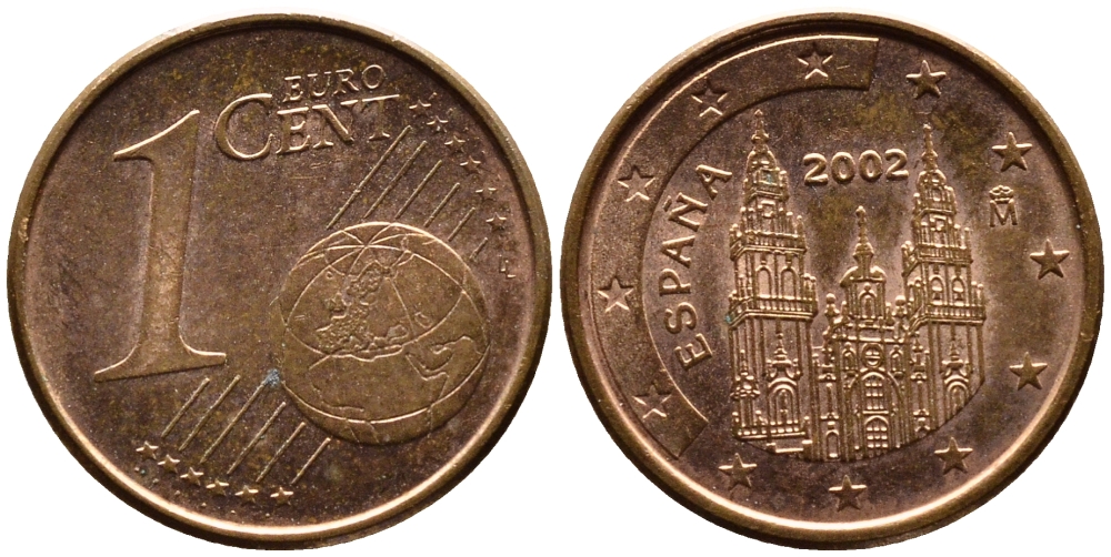 ИСПАНИЯ 1 ЕВРОЦЕНТ 2002 KM 1040 сталь плакированная медью 179-657