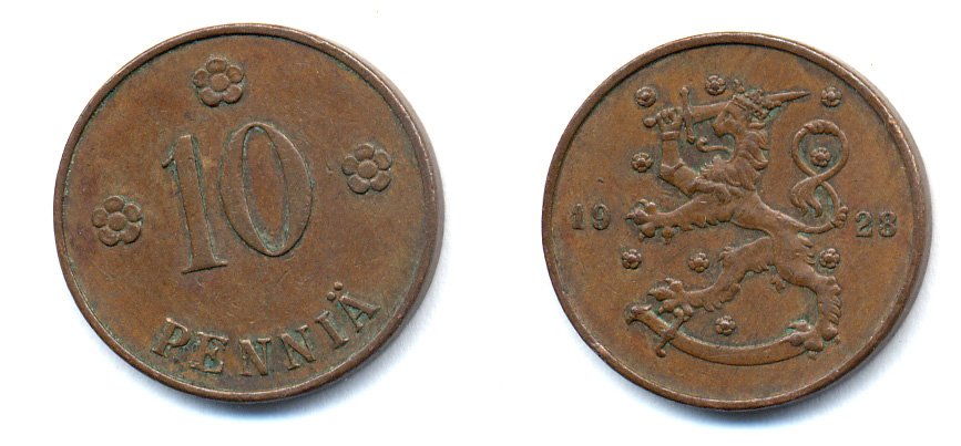 Финляндия 10 пенни 1928 республика (1918-1962) KM 24 медь 46-1625