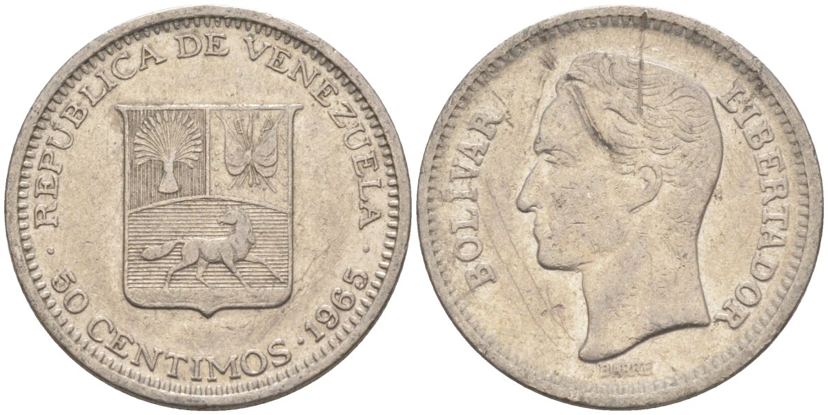 Венесуэла 50 сентимо 1965 Симон Боливар KM 41, Schon 51 никель 186-825